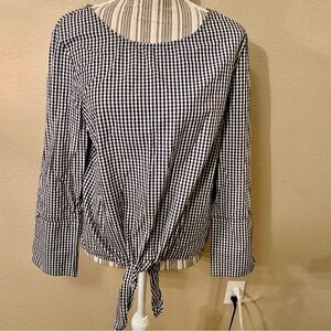 NEW Max Jeans Top Large Black & White Gingham Pullover Long-Sleeved Front Ties